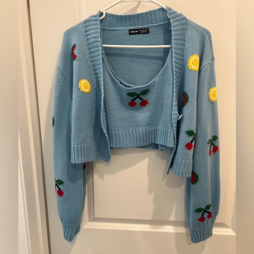 SHEIN Blue Cherry and Lemon Pattern Cardigan Set